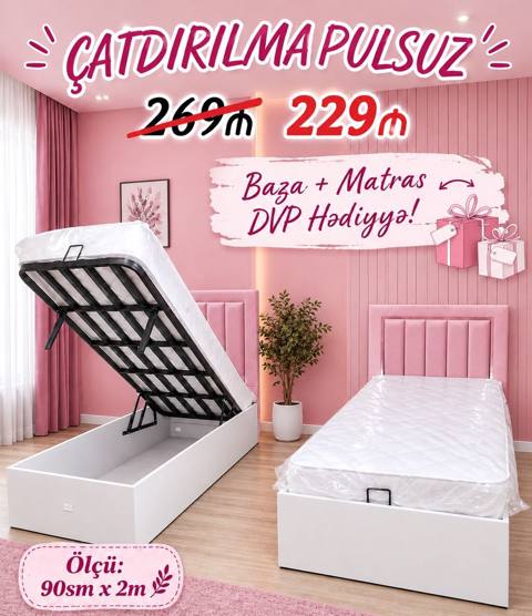 Baza + matras dəsti — DVP hədiyyə - Ölçü: 90 sm x 2 m - Qaldırılan — Yotoqxona mebeli