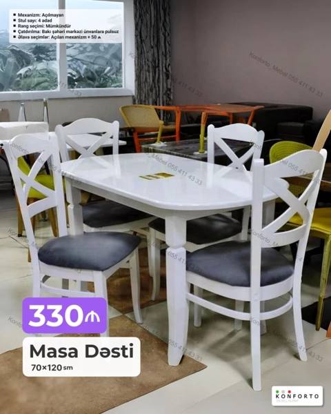 Masa dəsti – 70×120 sm - Mexanizm: açılmayan - Stul sayı: 4 ədəd — მაგიდები და სკამები