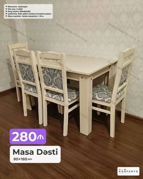 Masa dəsti – 6 stullu Ölçü: 90×160 sm Qiymət: 280 Xüsusiyyətlər — Stollar va stullar