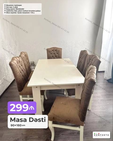 Masa Dəsti – 90×160 sm - Dəst: 1 ədəd masa + 6 ədəd stul - Masa — Столдор жана отургучтар