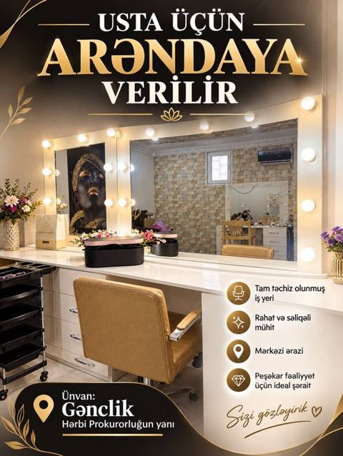 Qadın saç ustası tələb olunur, Yerin icarəsi, Təcrübəsiz, Alətlərin təqdim olunması — 200 ₼ · Баку · Gözəllik, fitness, sport Qadın saç ustası tələb olunur, Yerin icarəsi, Təcrübəsiz, Alətlərin təqdim olunması — Баку