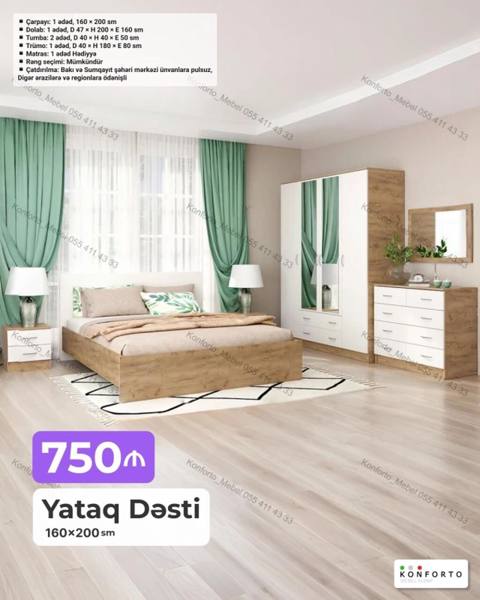 Yataq Dəsti – 160×200 sm Tərkib: - Çarpayı: 1 ədəd, 160×200 sm — Баку