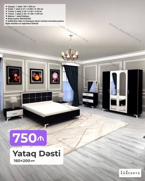 Yataq Dəsti – 160×200 sm Komplekt: - Çarpayı: 1 ədəd, 160×200 sm — Баку