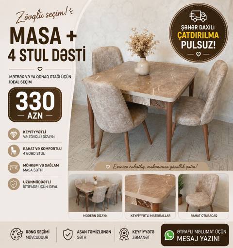 Yeni, Açılmayan, Kvadrat masa, 4 stul — Digah
