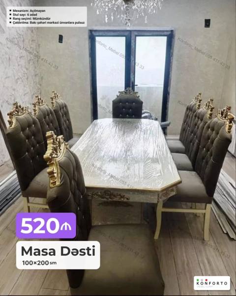 Masa dəsti – 100×200 sm - Klassik üslubda iri ölçülü yemək masası və — მაგიდები და სკამები