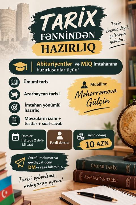 Repetitor, Tarix, Azərbaycan dili, Abituriyent hazırlığı — 10 ₼ · Baku · Fərdi dərslər Repetitor, Tarix, Azərbaycan dili, Abituriyent hazırlığı — Baku