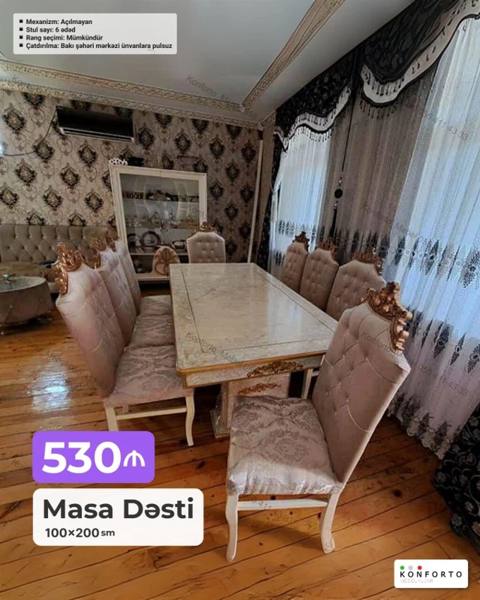 Masa Dəsti – 100×200 sm - Mexanizm: Açılmayan - Stul sayı: 6 ədəd — Баку