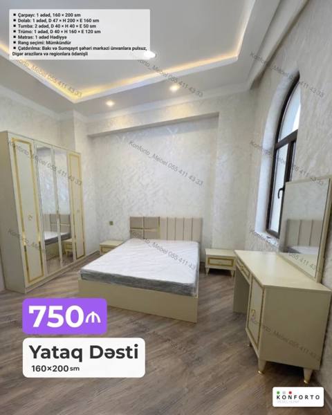 Yataq Dəsti – 160×200 sm Komplekt: - Çarpayı: 1 ədəd, 160×200 sm — Баку