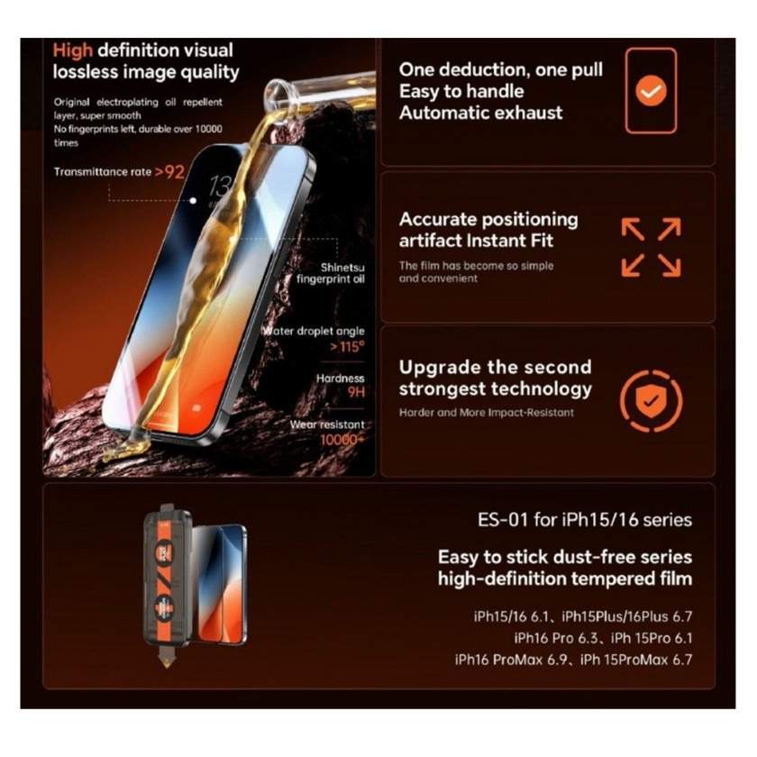Remax ES-01 Easy-Install HD Tempered Glass Screen Protector for iPhone 15 / iPhone 16 — Mallar, Bakı (2)