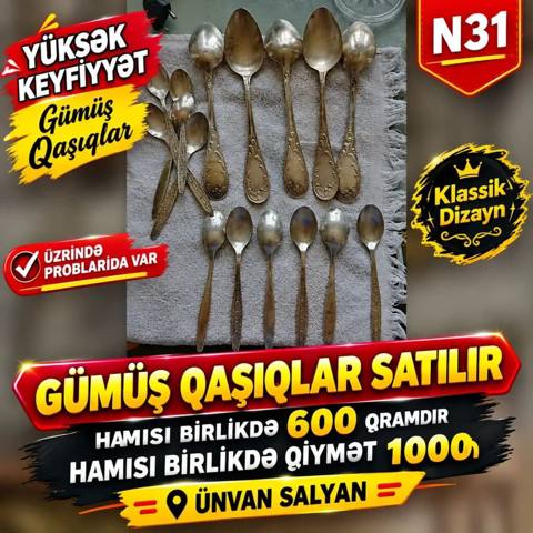 Məhsul: Gümüş qaşıqlar dəsti (klassik dizayn) – Yüksək keyfiyyətli — Salyan