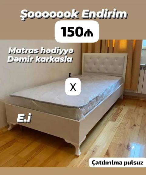 Ağ rəngdə tək nəfərlik çarpayı - Dəri başlıqda düyməli dekor - Dəmir — Baku
