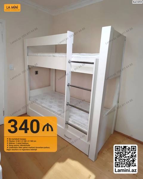 İki mərtəbəli çarpayı – Kod: 6054 Ölçülər: D 80 x H 180 x E 180 sm — 340 ₼ · Bakı · Yataqlar İki mərtəbəli çarpayı – Kod: 6054 Ölçülər: D 80 x H 180 x E 180 sm — Bakı