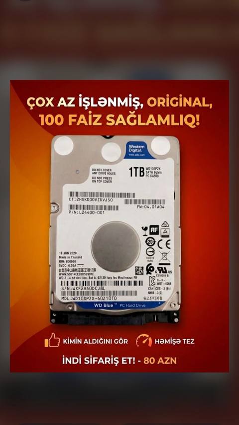 Western Digital WD Blue 1TB daxili sərt disk. Model: WD10SPZX — Баку