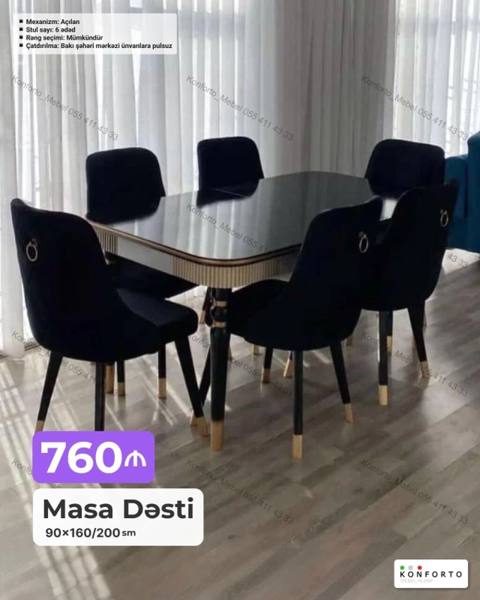 Masa dəsti – 6 stullu, açılan mexanizmli Ölçü: 90×160/200 sm — Bakı
