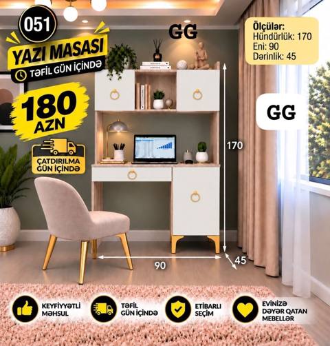 Yazı masası – GG modeli Müasir və funksional dizayna malik bu yazı — 180 ₼ · Дигях · Kompüter masaları və kresloları Yazı masası – GG modeli Müasir və funksional dizayna malik bu yazı — Дигях