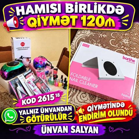 Manikür üçün peşəkar dəst satılır. Şəkildə göstərilən bütün məhsullar — Salyan