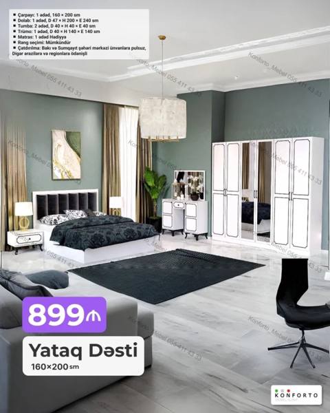 Yataq Dəsti – 160×200 sm Tərkib: - Çarpayı: 1 ədəd, 160×200 sm — Баку