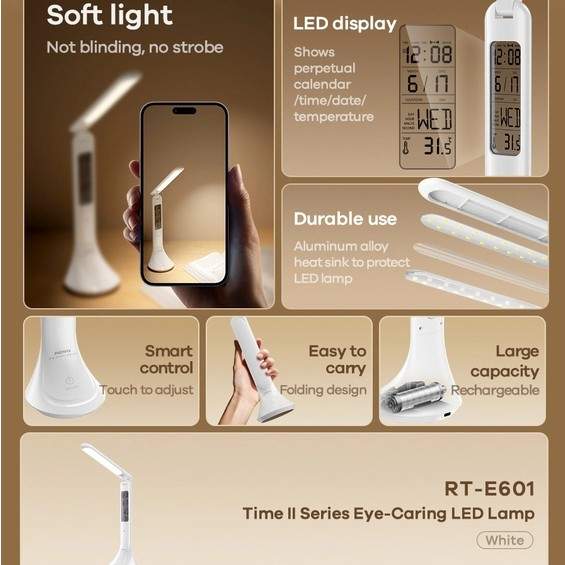 Remax RT-E601 Time II Eye-Caring LED Lamp 1200mAh - White — Mallar, Bakı (3)