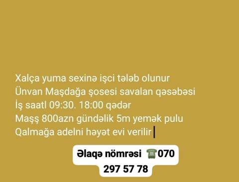 Camaşırçı tələb olunur — 800 ₼ · Bakı, Sabunçu · İş Camaşırçı tələb olunur — Bakı