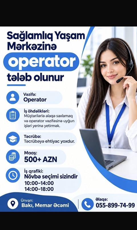 Çağrı mərkəzi operatoru tələb olunur, İstənilən yaş, Təcrübəsiz, Aylıq ödəniş — 500 ₼ · Digah · Satış Çağrı mərkəzi operatoru tələb olunur, İstənilən yaş, Təcrübəsiz, Aylıq ödəniş — Digah