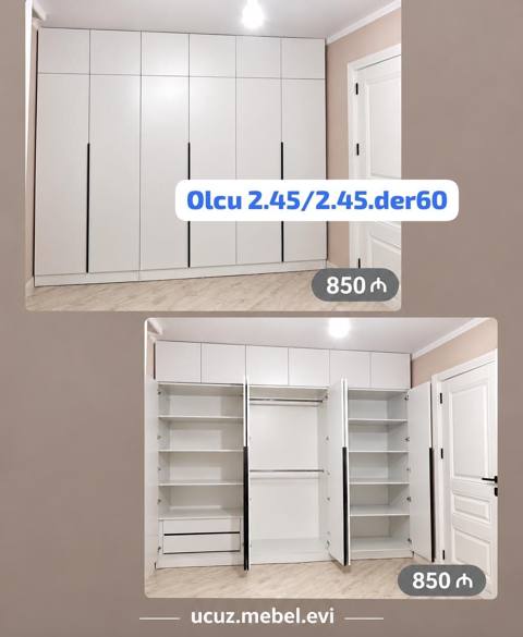 Ağ rəngdə müasir üç bölməli qarderob şkafı - Ölçü: 2.45 m (eni) — Баку