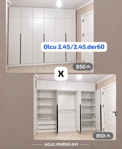 Ağ rəngli müasir qapalı dolab sistemi - Ölçü: 2.45 m (eni) x 2.45 m — Mobilya