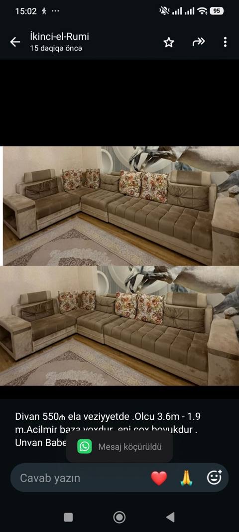 Divan 550₼ ela veziyyetde .Olcu 3.6m - 1.9 m.Acilmir baza yoxdur .eni — Mebel