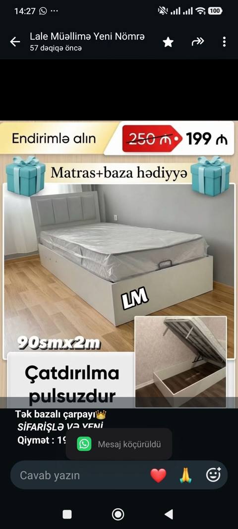 *Tək bazalı çarpayı* _*Sifarişlə VƏ Yeni*_ *Qiymət 199₼* Ölçü — Баку