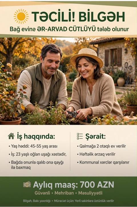 Bilgəh – bağ evinə ər‑arvad cütlüyü tələb olunur İşin — 700 ₼ · Bakı, Xəzər · Ev personali və təmizlik Bilgəh – bağ evinə ər‑arvad cütlüyü tələb olunur İşin — Bakı