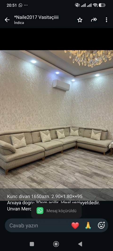 Kunc divan 1650azn. 2.90×1.80××95 Arxaya dogru 30sm acilir. Ideal — Bakı