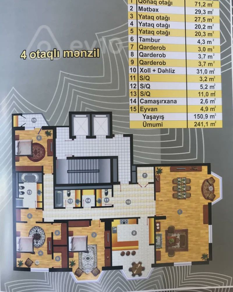 For sale: 4-room apartment (new building), 241 m² — Mənzil, Bakı (4)
