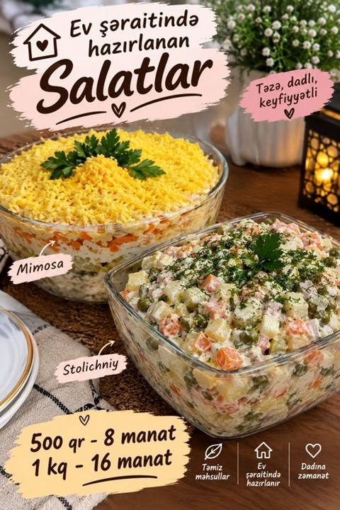 Ev şəraitində hazırlanan salatlar - Tərkib: təzə və təmiz məhsullarla — 8 ₼ · Salyan · Qida məhsulları Ev şəraitində hazırlanan salatlar - Tərkib: təzə və təmiz məhsullarla — Salyan