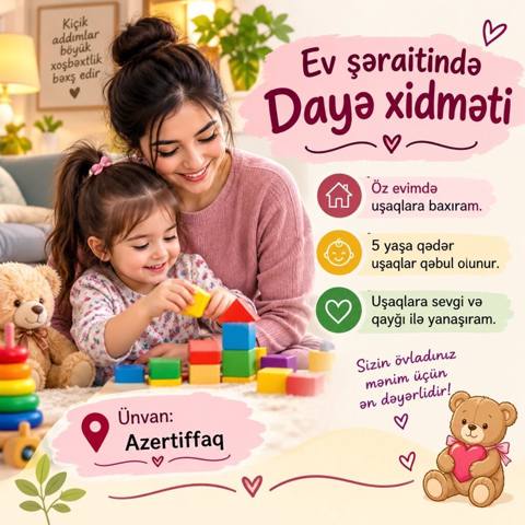 Ev şəraitində dayə xidməti - Uşaqlara öz evimdə nəzarət və qayğı — 20 ₼ · Гянджа · Nyanya, upa Ev şəraitində dayə xidməti - Uşaqlara öz evimdə nəzarət və qayğı — Гянджа