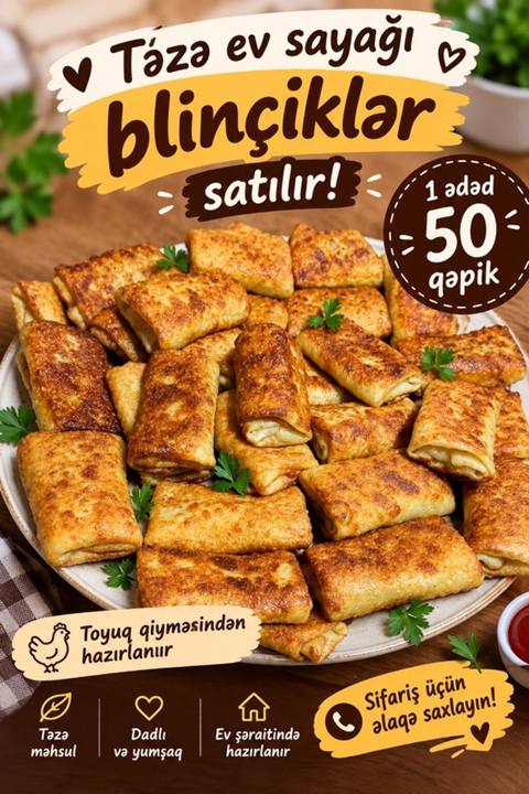 Ədədi 0,50 qəpikdən blinçikler Təzə, ev şəraitində hazırlanmış — 50 ₼ · Masazir · Qida məhsulları Ədədi 0,50 qəpikdən blinçikler Təzə, ev şəraitində hazırlanmış — Masazir