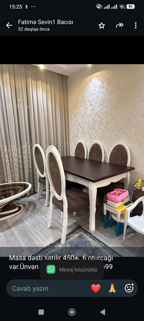 Masa dəsti satılır 450₼. 6 oturcağı var.Ünvan — 450 ₼ · Baku · Masalar və stullar Masa dəsti satılır 450₼. 6 oturcağı var.Ünvan — Baku