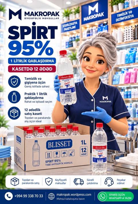 Spirt 95% — Təmizlik və gigiyena üçün praktik seçim MAKROPAK-da — 5 ₼ · Masazir · Markalı pul Spirt 95% — Təmizlik və gigiyena üçün praktik seçim MAKROPAK-da — Masazir