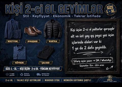 Kişi 2-ci əl geyimləri – L və XL ölçülər Stil Keyfiyyət Ekonomik — 15 ₼ · Baku · Kişi geyimi Kişi 2-ci əl geyimləri – L və XL ölçülər Stil Keyfiyyət Ekonomik — Baku