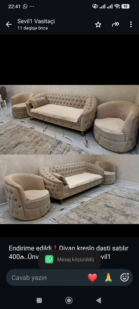 Endirime edildi Divan kreslo dəsti satılır 400₼. Ünvan binə — 400 ₼ · Баку · Yumşaq mobilya dəstləri Endirime edildi Divan kreslo dəsti satılır 400₼. Ünvan binə — Баку