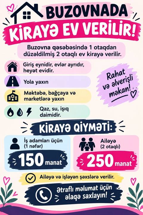 Buzovnada kirayə ev Məzmun: - Buzovna qəsəbəsində 1 otaqdan — 250 ₼ · Digah · Ev, villa Buzovnada kirayə ev Məzmun: - Buzovna qəsəbəsində 1 otaqdan — Digah