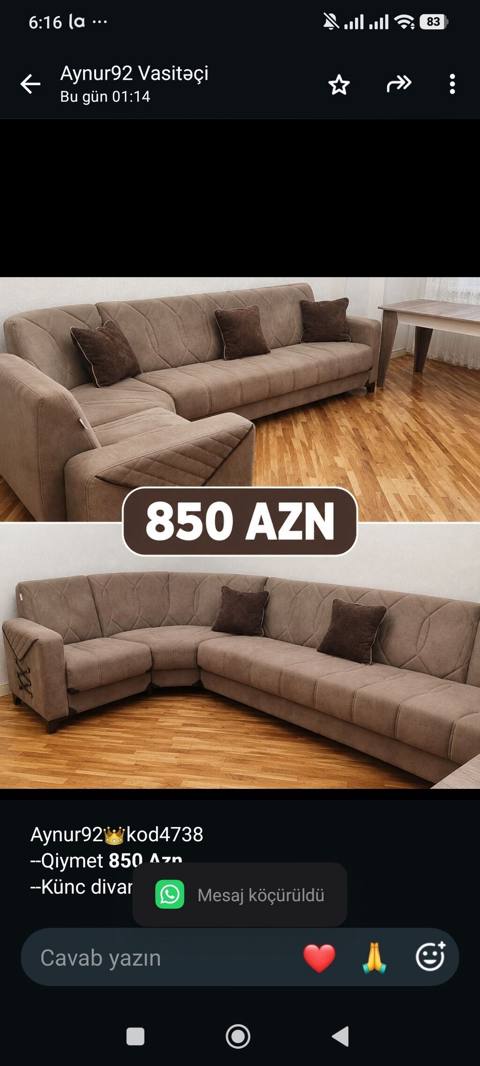 Aynur92 kod4738 Qiymet *850 Azn* Künc divan satilir Fabrik — 850 ₼ · Baku · Divanlər Aynur92 kod4738 Qiymet *850 Azn* Künc divan satilir Fabrik — Baku
