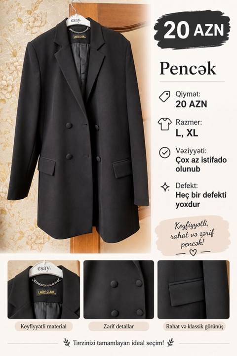 Pencək – qara rəng, klassik dizayn - Qiymət: 20 AZN - Razmer: L, XL — Ürünler