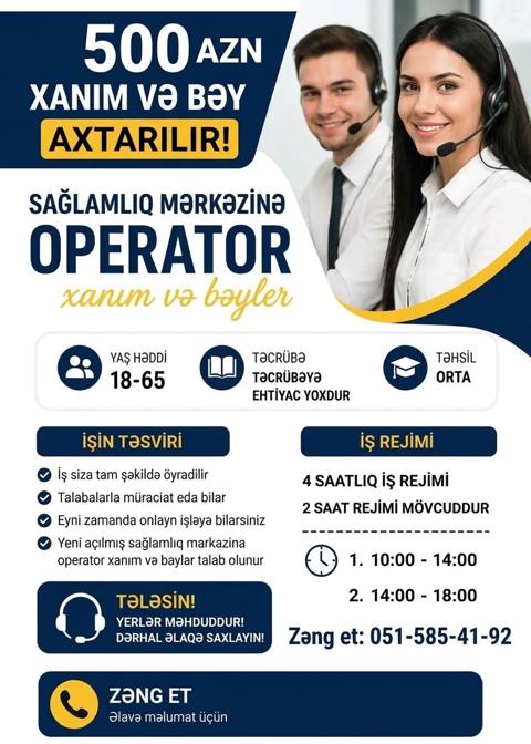 Çağrı mərkəzi operatoru tələb olunur, Tələbələr, İstənilən yaş, Təcrübəsiz, Aylıq ödəniş — 500 ₼ · Баку · Satış Çağrı mərkəzi operatoru tələb olunur, Tələbələr, İstənilən yaş, Təcrübəsiz, Aylıq ödəniş — Баку