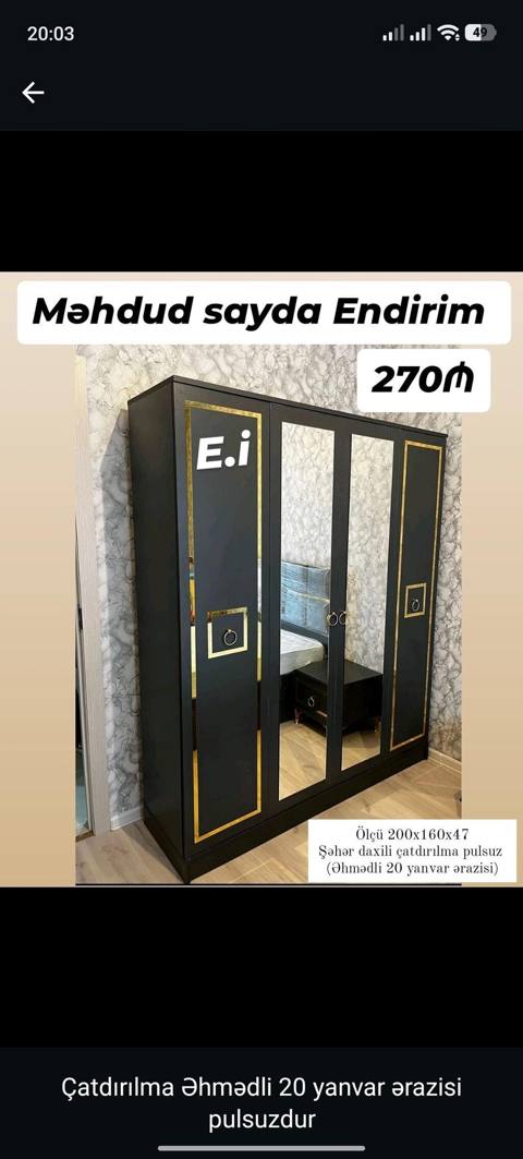 Yeni, 3 qapılı, Güzgülü, Qara, Açılan, Düz dolab — Эмерек