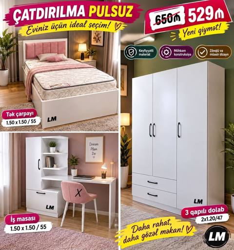 Mebel dəsti – yataq otağı və iş küncü üçün ideal seçim Paket tərkibi — Мехдиабад