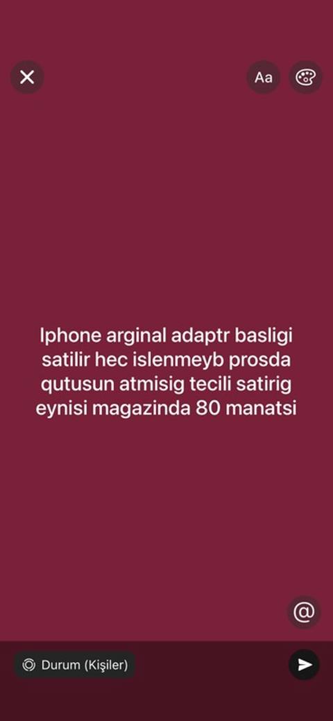 Məhsul: iPhone orijinal adapter başlığı Təsvir: - iPhone üçün — 55 ₼ · Baku · Şarj cihazları Məhsul: iPhone orijinal adapter başlığı Təsvir: - iPhone üçün — Baku