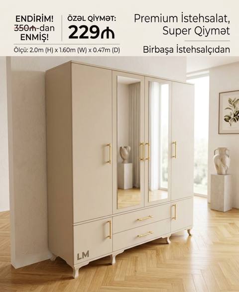 Premium istehsalat – paltar şkafı Ölçü: 2.0 m (H) x 1.60 m (W) x 0.47 — 229 ₼ · Baku · Şkaflar Premium istehsalat – paltar şkafı Ölçü: 2.0 m (H) x 1.60 m (W) x 0.47 — Baku