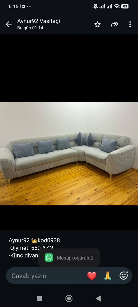 Aynur92 kod0938 -Qiymət: 550 AZN -Künc divan satılır -olcu 2/3 — 550 ₼ · Baku · Divanlər Aynur92 kod0938 -Qiymət: 550 AZN -Künc divan satılır -olcu 2/3 — Baku