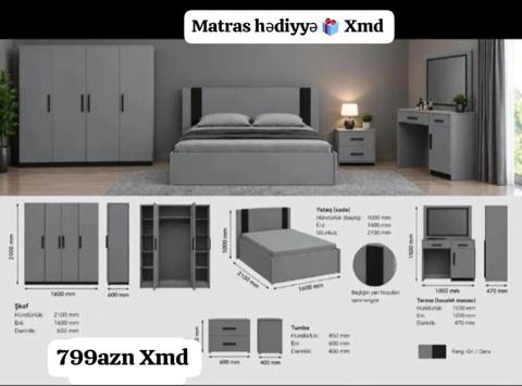 Yataq otağı dəsti – boz/qara rəngdə, modern dizayn. Dəst tərkibi və — Mebel