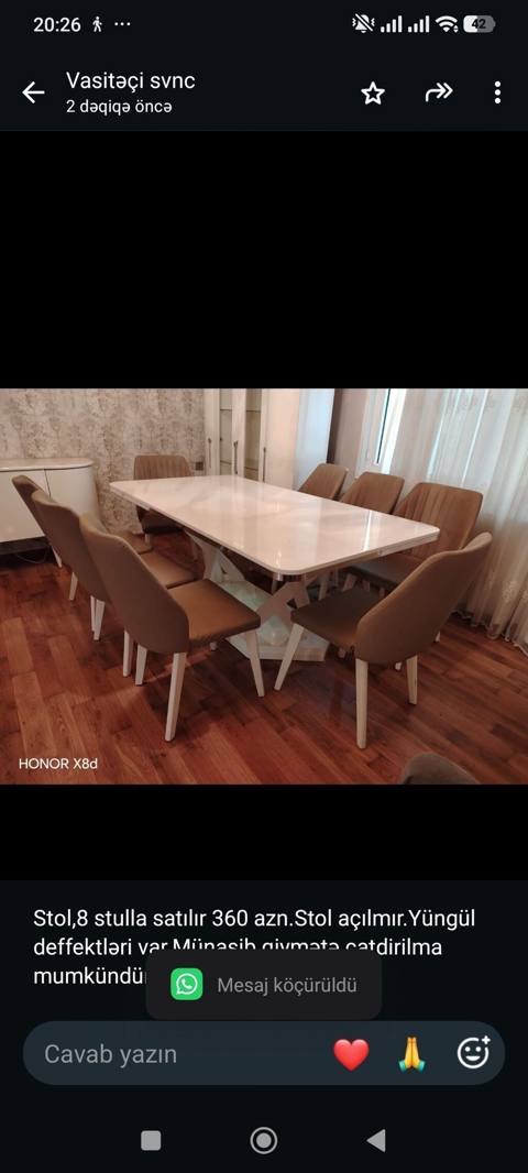 Stol,8 stulla satılır 360 azn.Stol açılmır.Yüngül deffektləri — 360 ₼ · Баку · Masalar və stullar Stol,8 stulla satılır 360 azn.Stol açılmır.Yüngül deffektləri — Баку