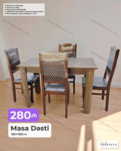 Məhsul: Masa Dəsti – 90×160 sm Komplekt: 1 ədəd düzbucaqlı masa + 6 — Баку